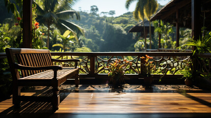 Calm and shady wooden balcony Surrounded by a tropical style garden. AI Generative - obrazy, fototapety, plakaty