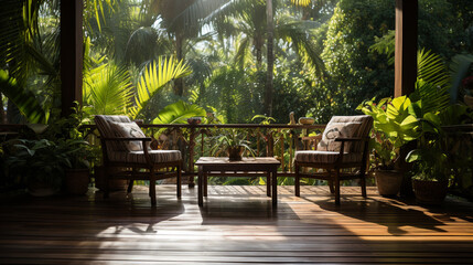 Calm and shady wooden balcony Surrounded by a tropical style garden. AI Generative