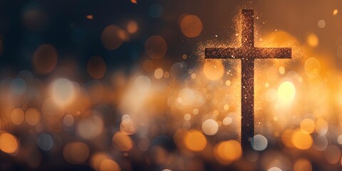 Beautiful gold bokeh background with a christian cross - 664387296