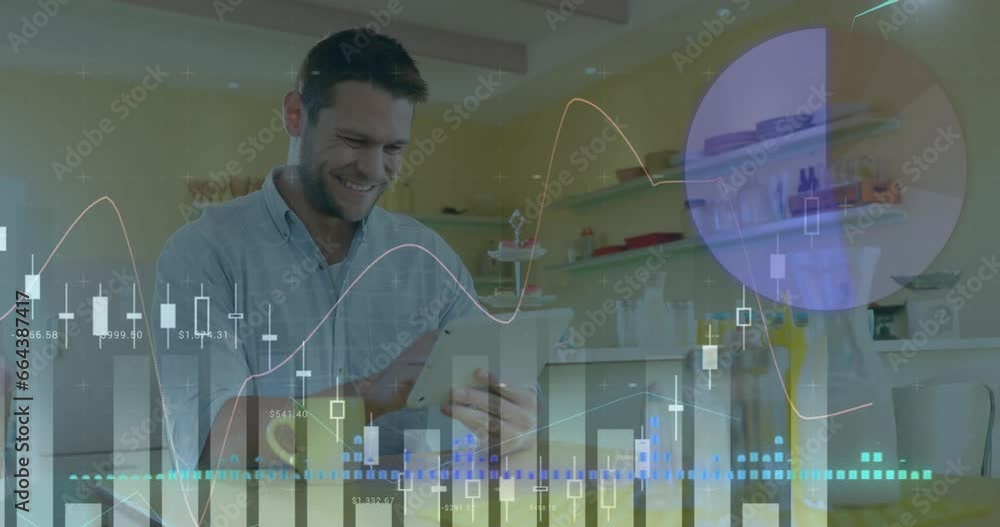Poster animation of multiple graphs over caucasian man scrolling on digital tablet while drinking coffee