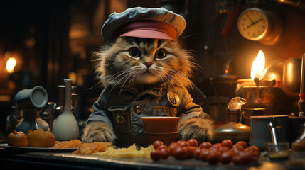 cat with chef uniforms, in the dark kitchen. AI Generative