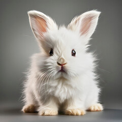 Obraz premium White Small Young Rabbit with Fluffy Fur on a Gray Background