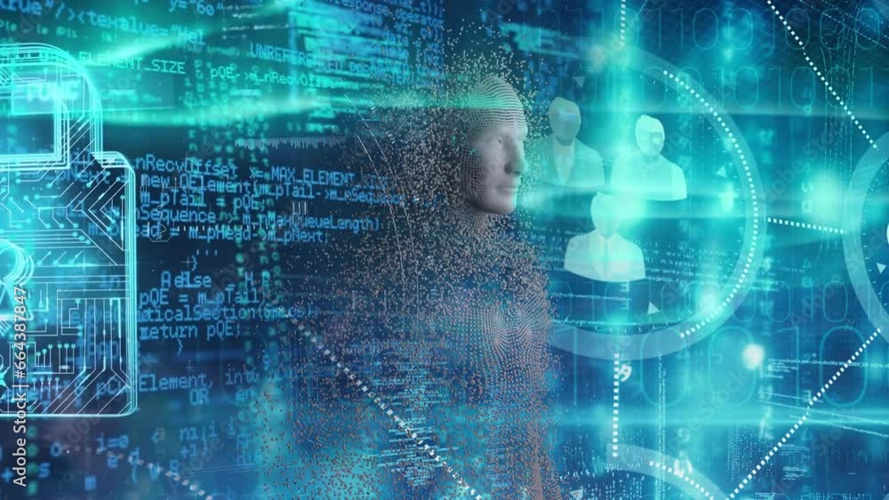 Poster animation of padlock with human representation, profile icons and computer language