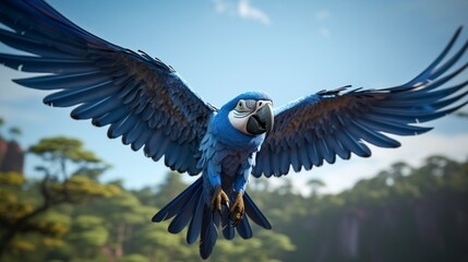 A close-up of a hyacinth macaw in flight, showcasing its magnificent blue plumage in intricate detail.