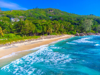 Aerial view of Anse Takamaka beach on a sunny day