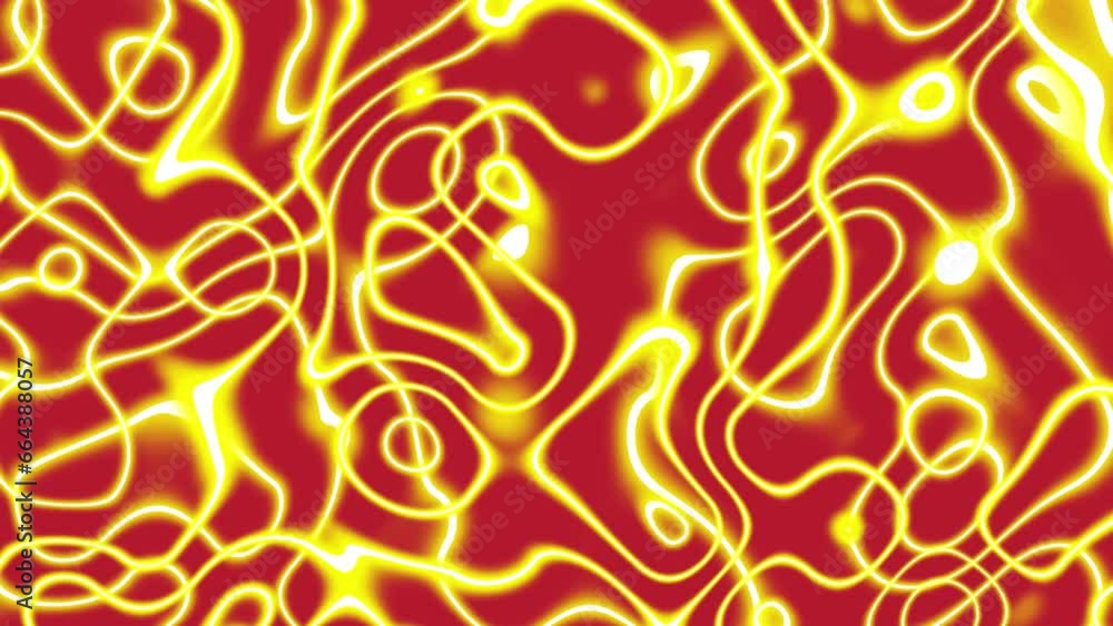 Poster abstract yellow wavy neon lines on red background. animated loop background video.