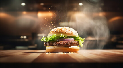 Fresh tasty burger on dark background. Copy space. Top view. AI Generative - obrazy, fototapety, plakaty