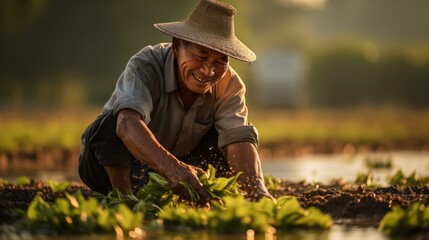 Naklejka na ściany i meble Elderly Asian man harvesting crops 