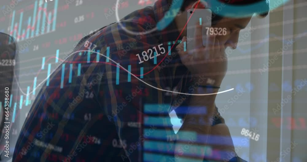 Poster animation of graphs and trading board over caucasian man looking at watch while talking on cellphone