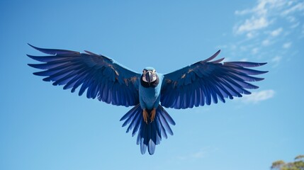 A hyacinth macaw in mid-flight, captured in 8K detail, its wings and tail feathers leaving a beautiful trail in the clear blue sky.