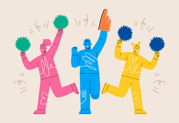 Sport fans. Happy friends rooting for their sport. Colorful vector illustration