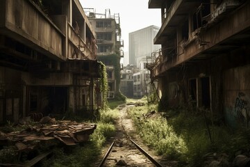 Fototapeta na wymiar A decaying urban area with crumbling buildings. Generative AI