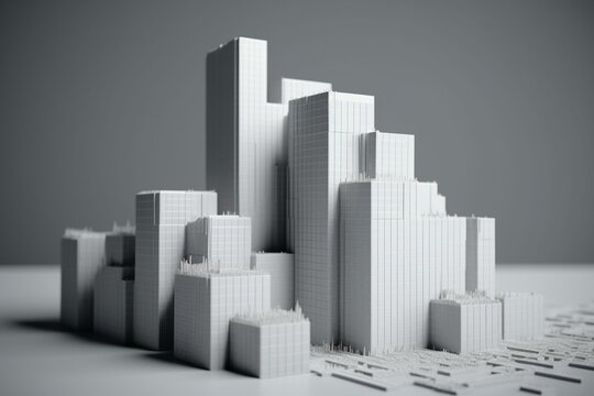 Processing statistical data with a 3D building model on a grey background. Generative AI