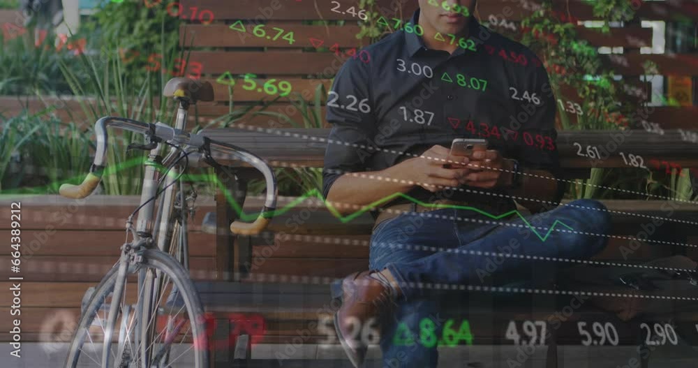 Poster animation of multicolored trading board over caucasian man with bicycle scrolling on smartphone