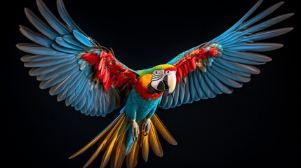 A mesmerizing, high-resolution 8K image of a macaw in mid-flight, capturing the grace and beauty of its wingspan.