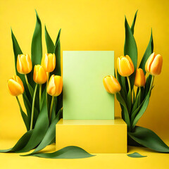 3d realistic render of minimal display podium with bouquet of yellow tulips and green leaves . Minimal scene for cosmetic product presentation mockup. Generative AI