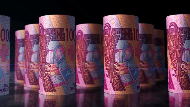 West African CFA money Franc Niger Mali Senegal Africa money rolls loop 3d animation. Camera moving in front of the 1000 XOF rolling banknotes. Seamless loopable concept of economy and finance.
