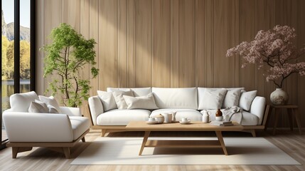 Japandi style interior design of a modern living room with a white sofa and a wooden paneling wall