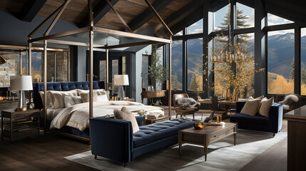 Luxurious master bedroom with a canopy bed - obrazy, fototapety, plakaty