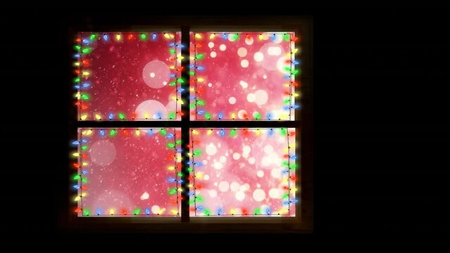 Animation of window with fairy lights over snow and light spots at christmas