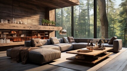 Loft interior design of a modern living room in a villa, complete with wooden paneling and concrete walls