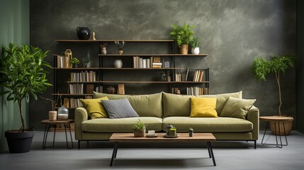 Loft style home interior design of a modern living room with a sofa against a green concrete wall
