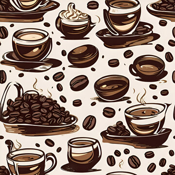 Seamless pattern of coffee and coffee beans. Repeatable image background. Generative AI.