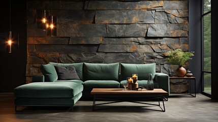 Loft style home interior design of a modern living room with a dark green velvet corner sofa near a concrete wall with stone wall decor