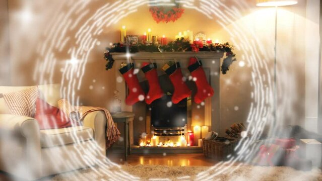 Animation of circles and light spots over fireplace with christmas decorations
