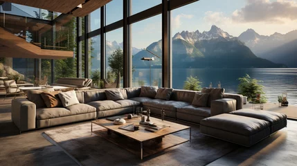 Abwaschbare Fototapete Berge Luxury home interior design of a modern living room in a lakeside house with a cozy beige sofa in a spacious room with a terrace Panoramic open windows offer stunning sea bay, lake and mountain views