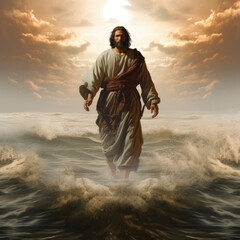 Jesus walking on the water during a night with moonlight - obrazy, fototapety, plakaty
