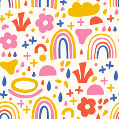 Groovy modern doodle pattern with rainbows and flowers.