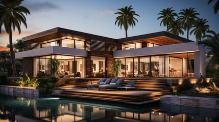 Luxury residential architecture with exterior of an amazing modern minimalist cubic house, villa with wood cladding wall and terrace among palm trees