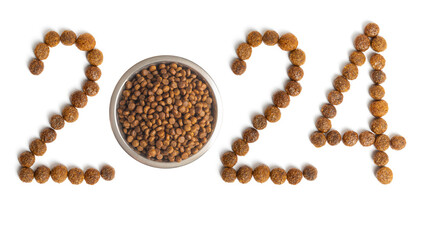 Calendar 2024 from Dry pet food and a bowl full of crispy granules on a white background.