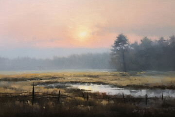 Morning's Embrace: Original Landscape Oil Painting of Impressionist Misty Sunrise, Trees, and Meadow on Horizontal Linen Canvas