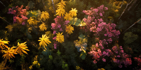 Naklejka na ściany i meble Aerial view of wild orchids in a tropical forest, rich color palette, captured during golden hour