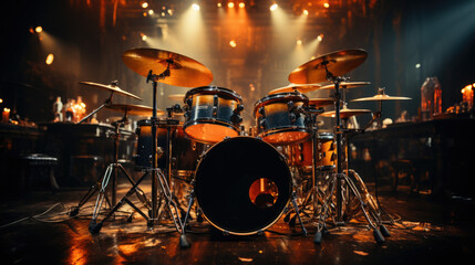 Drums and drum set. Beautiful blue and red background, with rays of light. Beautiful special...