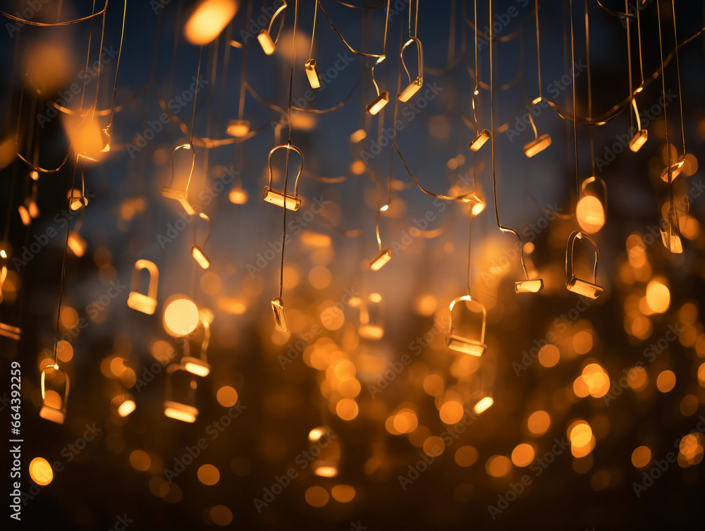 Poster multiple floating eighth notes and whole notes, glowing like fireflies against a twilight sky, ether