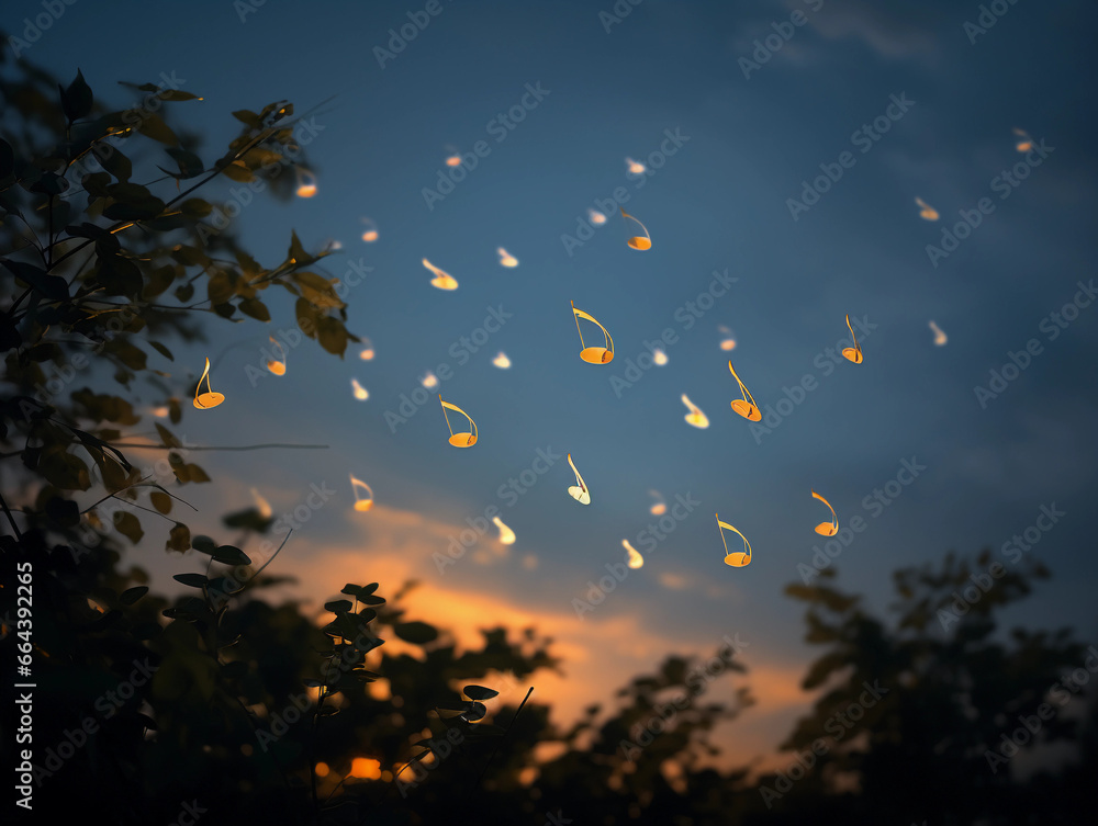 Poster multiple floating eighth notes and whole notes, glowing like fireflies against a twilight sky, ether