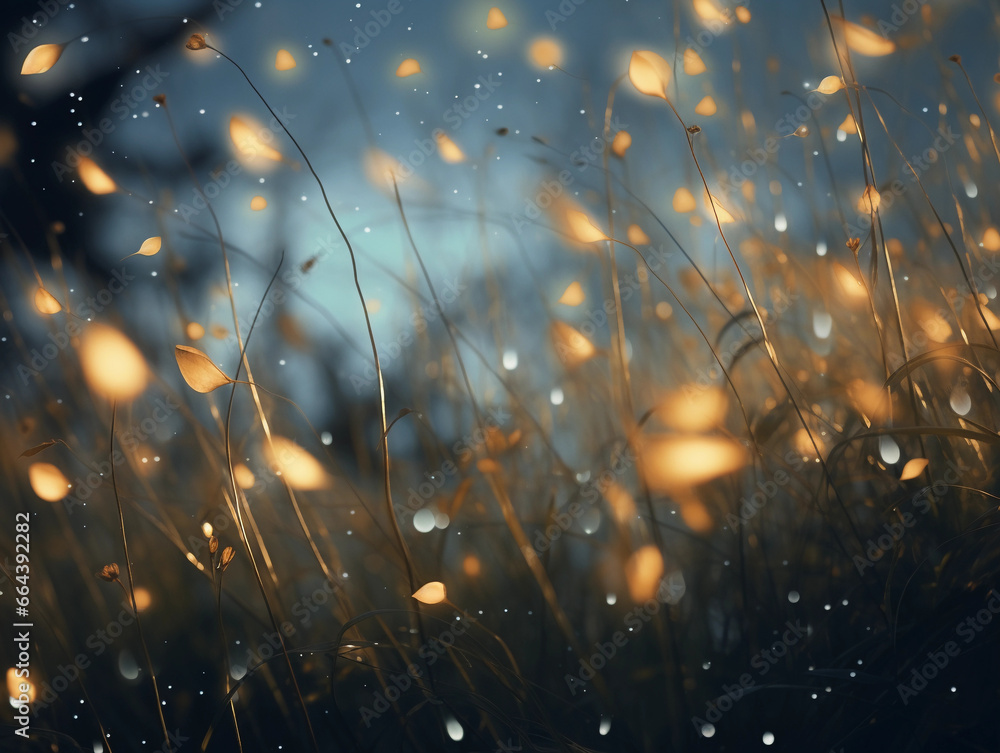 Poster multiple floating eighth notes and whole notes, glowing like fireflies against a twilight sky, ether