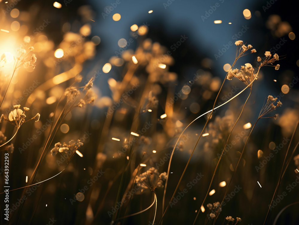 Poster multiple floating eighth notes and whole notes, glowing like fireflies against a twilight sky, ether