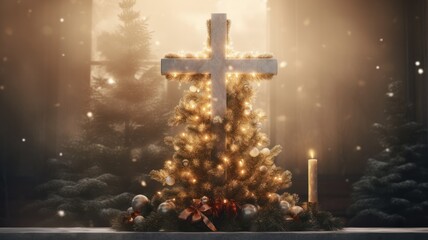 3D Render of Christmas Praise and Worship in a Decorated Church