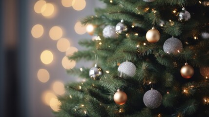 Obraz na płótnie Canvas Cosy Christmas Living Room: Closeup of Decorated Pine Tree Decoration