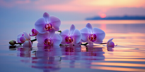 Orchid reflection on water, serene environment, dusk lighting, pastel sky