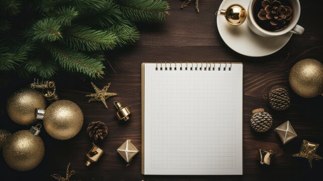 Cup of Coffee, Holiday Decorations, Notebook and To-Do List on Golden Background - Perfect Christmas Planning Concept Flat Lay