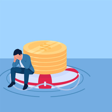 people sit pensively on a swimming buoy with coins on it, a metaphor for financial aid. Simple flat conceptual illustration.