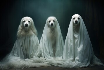 group of dogs in a ghost Halloween dress