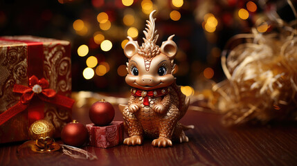  small cute baby dragon with a gift box on a background of lights, new year, symbol 2024, chinese calendar, christmas tree toy, eve, holiday, ribbon, bow, figurine, dinosaur, mythical animal, gold