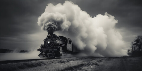 Steam engine in motion, pulling a coal car, billowing smoke, black and white, dramatic