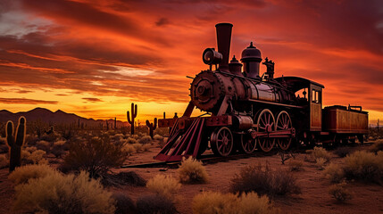 Fototapeta na wymiar Steam engine silhouetted against a fiery sunset, set in desert landscape, cacti in the foreground
